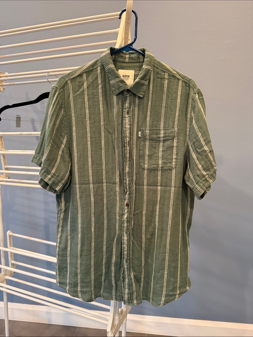 Kanvas by Katin Olive Green Vertical Stripe Short Sleeve Button-Down Shirt